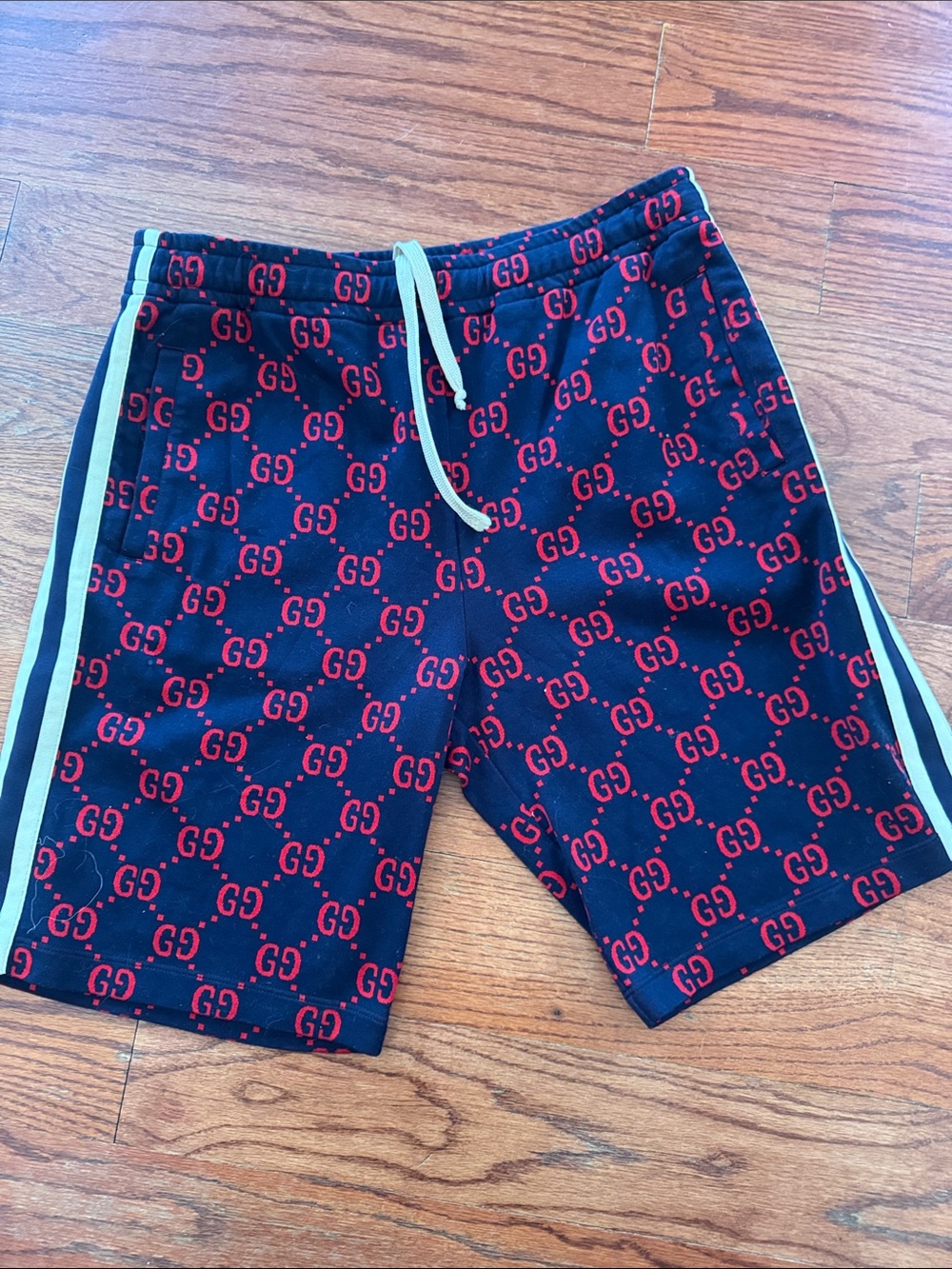 Authentic Gucci navy blue and Red GG Logo Track Shorts with Side Stripes